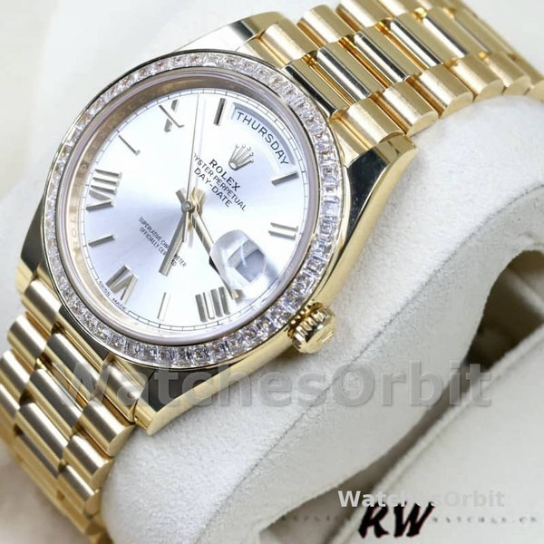 Rolex Day-Date 228398TBR Silver Roman Numeral Dial Diamond Bezel 40mm Mens Replica Watch