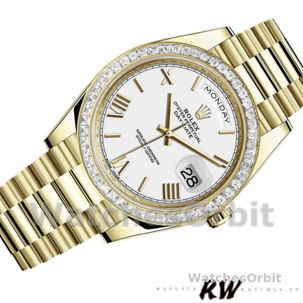 Rolex Day-Date 228398TBR White Roman Numeral Dial Diamond Bezel 40mm Mens Replica Watch