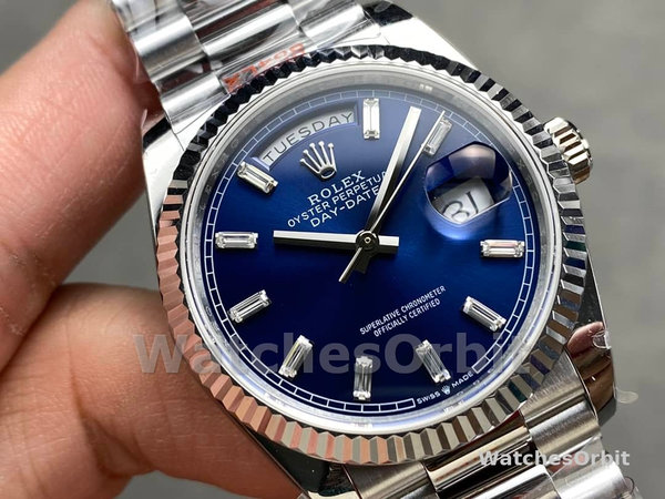 Rolex Day Date 36 36mm Bright Blue Diamond-Set Dial Fluted Bezel Presi m128236 0023
