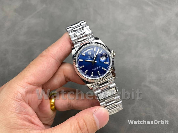Rolex Day Date 36 36mm Bright Blue Diamond-Set Dial Fluted Bezel Presi m128236 0023