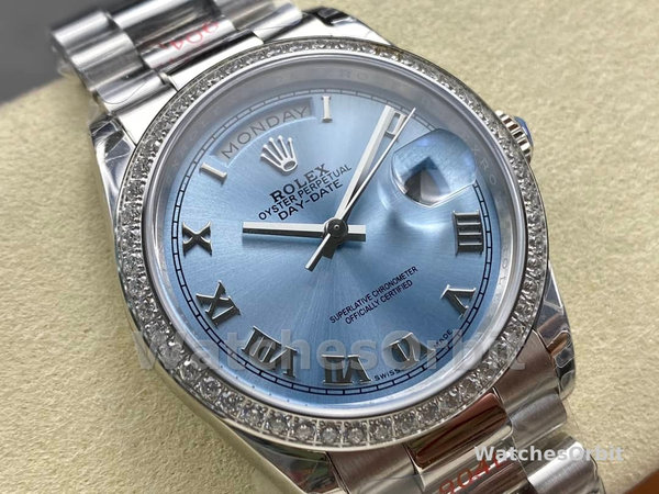 Rolex Day Date 36 Diamond Bezel Ice Blue Roman Dial m128396tbr 0019