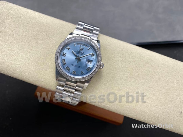 Rolex Day Date 36 Diamond Bezel Ice Blue Roman Dial m128396tbr 0019
