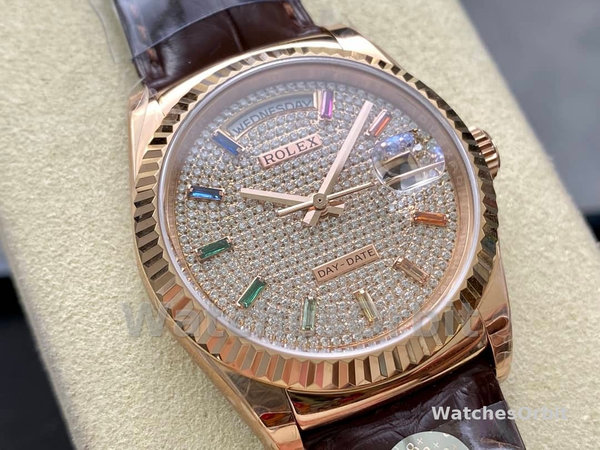 Rolex Day Date 36 Diamond Paved Dial Fluted Bezel 18K Everose gold 128235 0039 President Watch