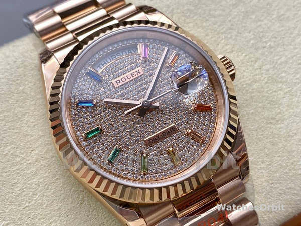 Rolex Day Date 36 Diamond Paved Dial Fluted Bezel 18K Everose gold 128235 0039 President Watch
