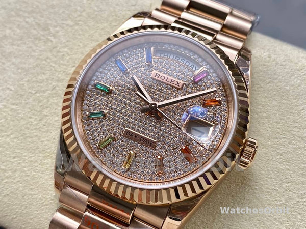 Rolex Day Date 36 Diamond Paved Dial Fluted Bezel 18K Everose gold 128235 0039 President Watch