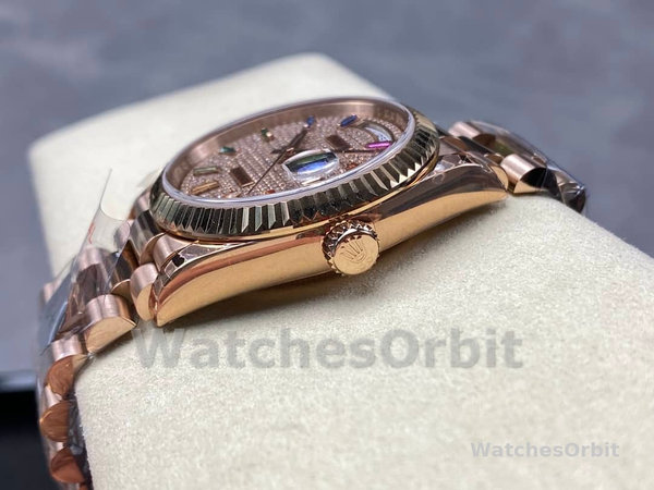 Rolex Day Date 36 Diamond Paved Dial Fluted Bezel 18K Everose gold 128235 0039 President Watch
