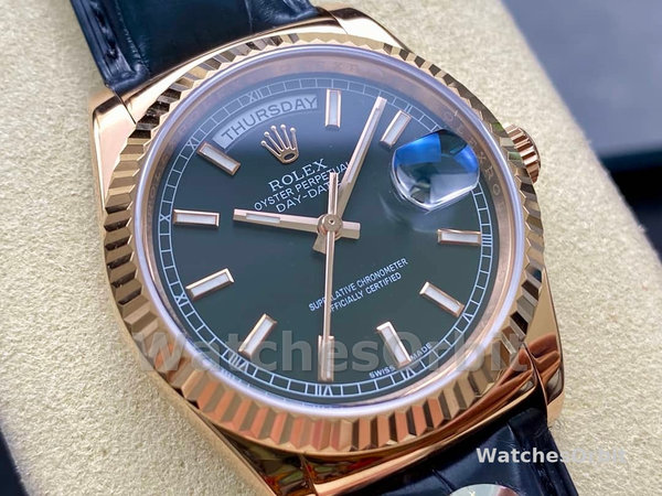 Rolex Day Date 36 Everose Gold Black Dial 118135 0063 Leather Watch
