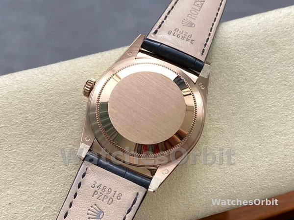 Rolex Day Date 36 Everose Gold Black Dial 118135 0063 Leather Watch