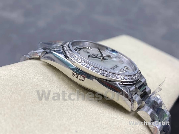 Rolex Day Date 36 Mother of Pearl Dial Diamond Bezel Platinum President m128396tbr 0005