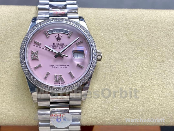Rolex Day Date 36 Platinum Pink Opal Diamond-Set Roman Dial Diamond Bezel m128396tbr 0009