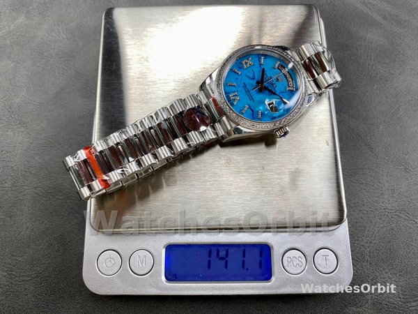 Rolex Day Date 36 Platinum Turquoise Diamond-Set Roman Dial Diamond Bezel m128396tbr 0016
