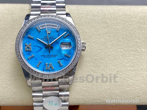 Rolex Day Date 36 Platinum Turquoise Diamond-Set Roman Dial Diamond Bezel m128396tbr 0016