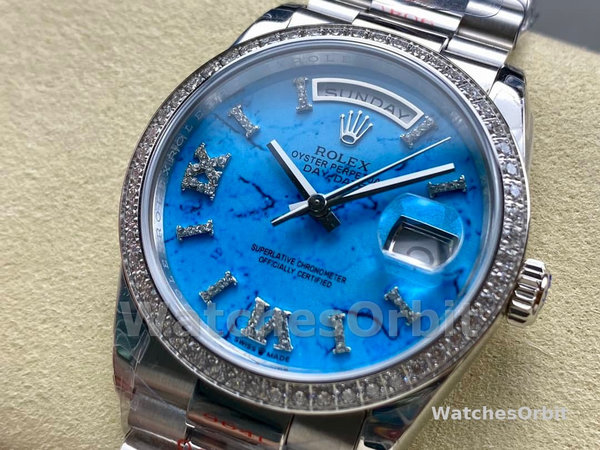 Rolex Day Date 36 Platinum Turquoise Diamond-Set Roman Dial Diamond Bezel m128396tbr 0016