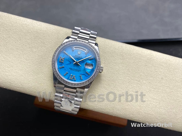 Rolex Day Date 36 Platinum Turquoise Diamond-Set Roman Dial Diamond Bezel m128396tbr 0016
