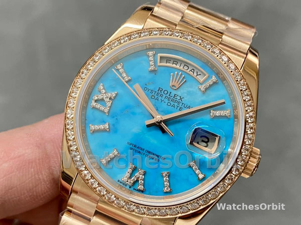 Rolex Day-Date 36 Rose Gold Turquoise Diamond-Set Roman Dial Diamond Bezel m128345rbr 0064