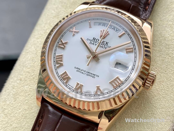 Rolex Day Date 36 White Dial 118135 0064 Brown Leather Watch