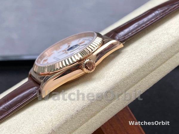 Rolex Day Date 36 White Dial 118135 0064 Brown Leather Watch