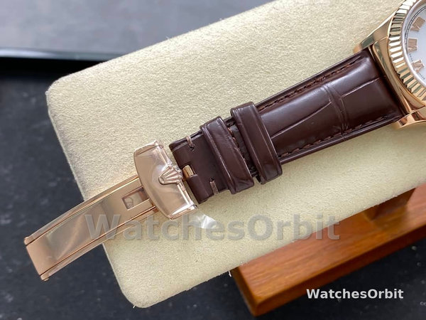 Rolex Day Date 36 White Dial 118135 0064 Brown Leather Watch