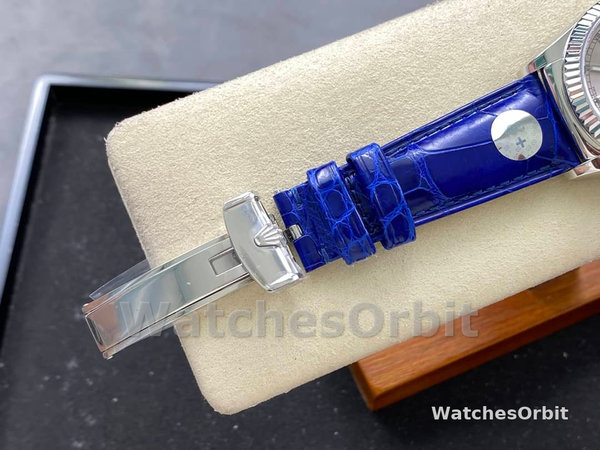 Rolex Day Date 36 White Gold Silver Dial 118139 0097 Blue Leather Strap