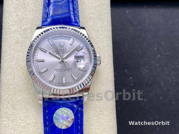 Rolex Day Date 36 White Gold Silver Dial 118139 0097 Blue Leather Strap