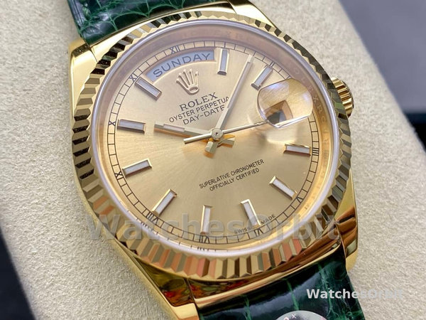 Rolex Day Date 36 Yellow Gold Champagne Dial 118138 0125 Green Strap