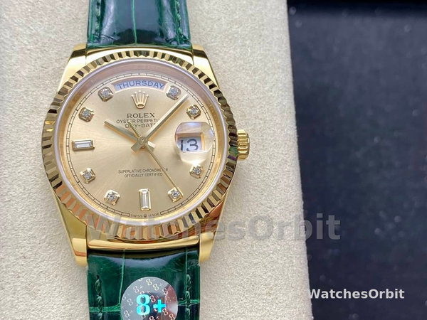 Rolex Day Date 36 Yellow Gold Champagne Dial 118138 0148 Green Leather Strap