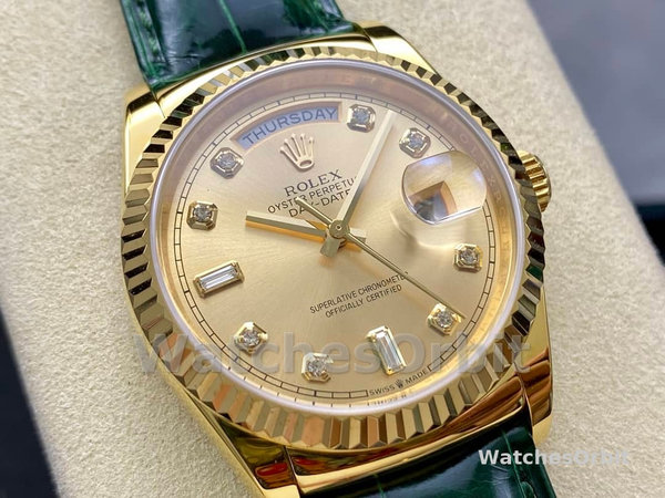 Rolex Day Date 36 Yellow Gold Champagne Dial 118138 0148 Green Leather Strap