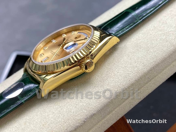 Rolex Day Date 36 Yellow Gold Champagne Dial 118138 0148 Green Leather Strap