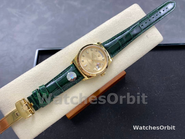 Rolex Day Date 36 Yellow Gold Champagne Dial 118138 0148 Green Leather Strap