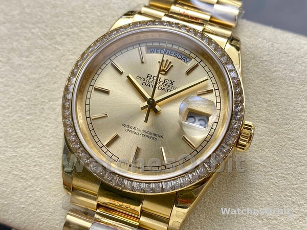 Rolex Day Date 36 Yellow Gold Champagne Dial Diamond Bezel m128348rbr 0026