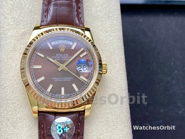 Rolex Day Date 36 Yellow Gold Chocolate Dial 118138 0005 Leather Watch