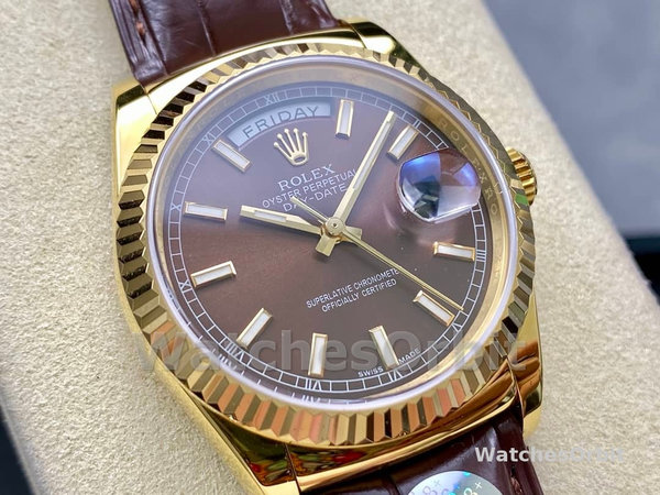 Rolex Day Date 36 Yellow Gold Chocolate Dial 118138 0005 Leather Watch