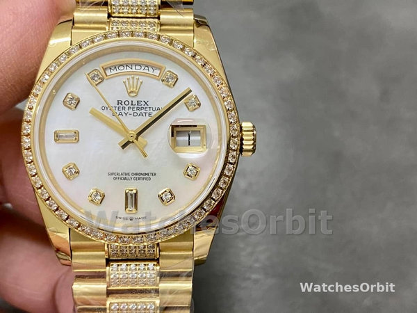 Rolex Day Date 36 Yellow Gold Diamond Bezel MOP Dial m128348rbr 0019