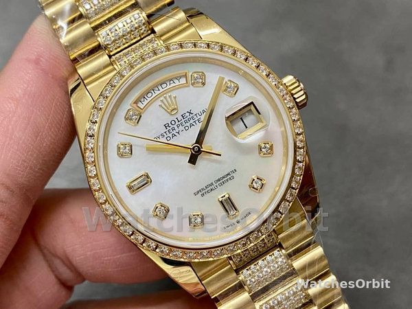 Rolex Day Date 36 Yellow Gold Diamond Bezel MOP Dial m128348rbr 0019