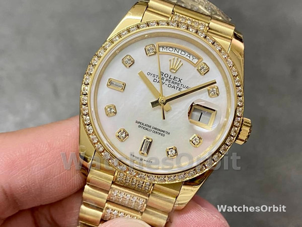 Rolex Day Date 36 Yellow Gold Diamond Bezel MOP Dial m128348rbr 0019