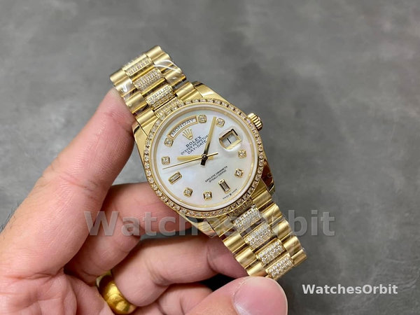 Rolex Day Date 36 Yellow Gold Diamond Bezel MOP Dial m128348rbr 0019