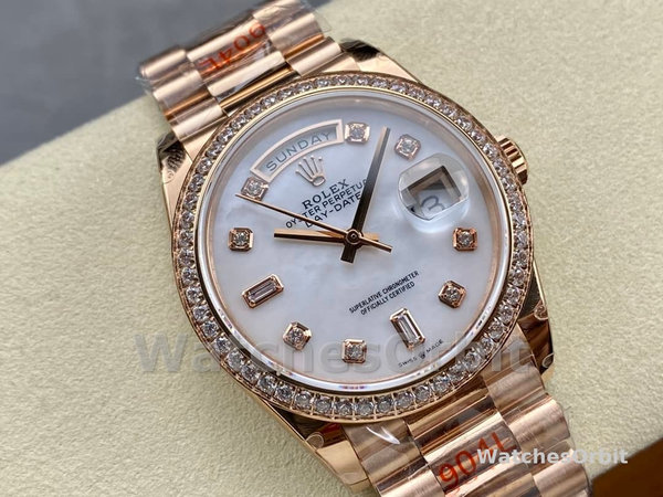 Rolex Day-Date 36MM 128345RBR 0028 Mother of Pearl White Dial Everose Gold Unisex Replica Watch