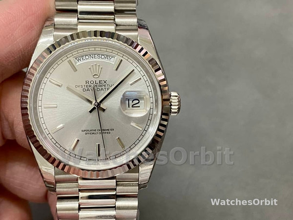 Rolex Day Date 36mm Platinum White Gold Silver Index 128236 0001