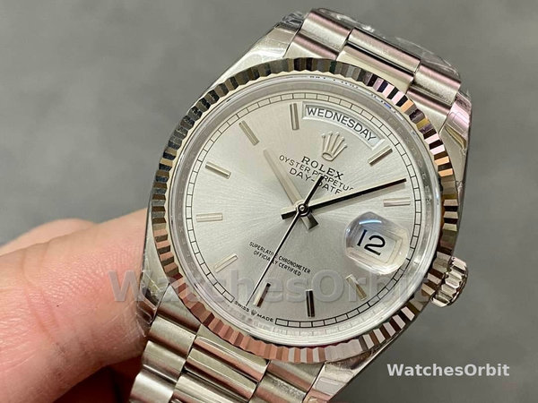 Rolex Day Date 36mm Platinum White Gold Silver Index 128236 0001