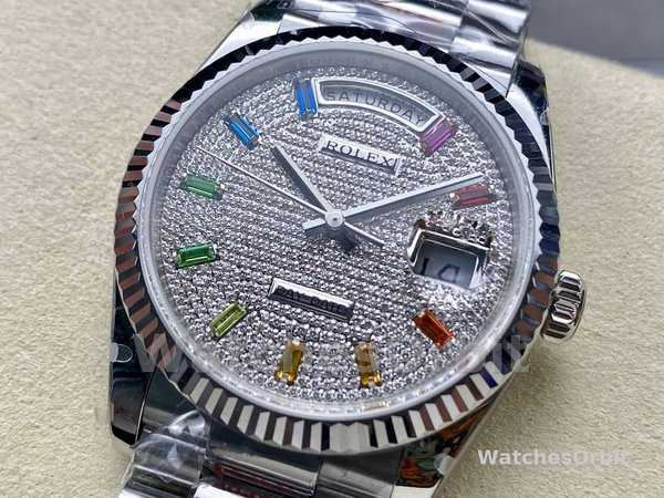 Rolex Day Date 36mm White Gold 128239 0016 Pave Rainbow Diamond Dial