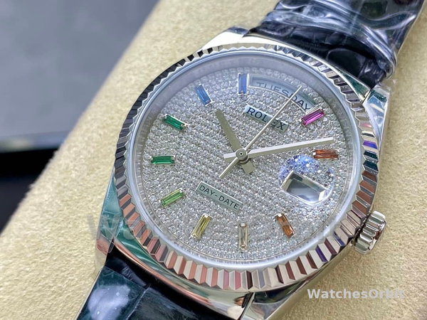 Rolex Day Date 36mm White Gold 128349RBR 0006 Pave Rainbow