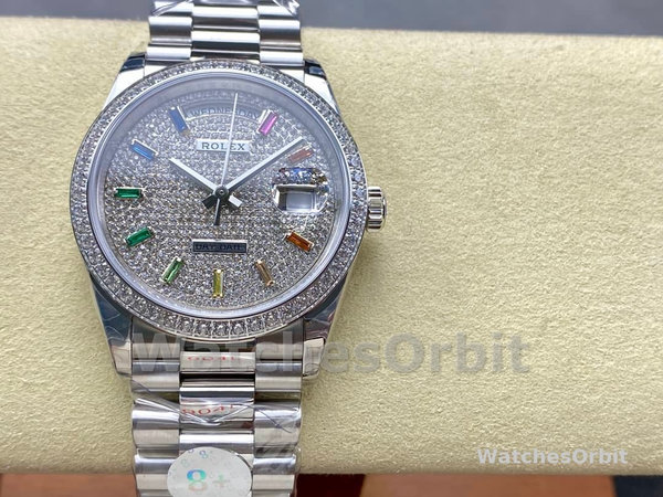 Rolex Day Date 36mm White Gold 128349RBR 0006 Pave Rainbow