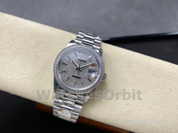 Rolex Day Date 36mm White Gold 128349RBR 0006 Pave Rainbow