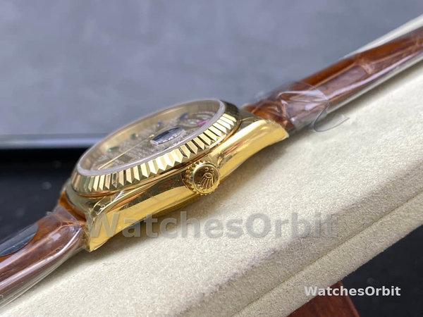 Rolex Day Date 36mm Yellow Gold 128238 0051 Pave Rainbow Diamond Dial Fluted Bezel
