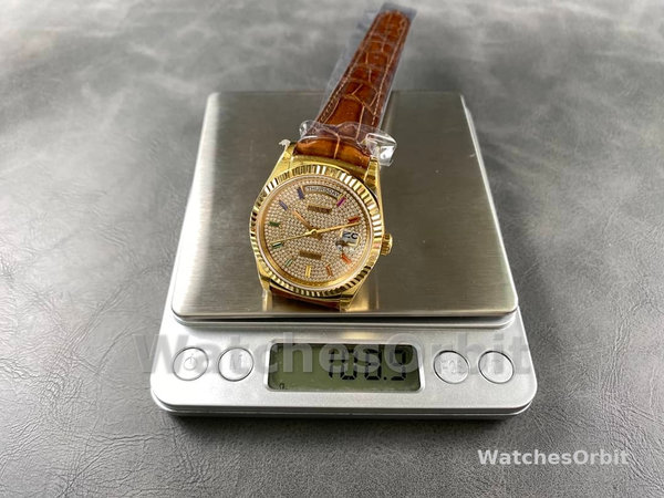 Rolex Day Date 36mm Yellow Gold 128238 0051 Pave Rainbow Diamond Dial Fluted Bezel