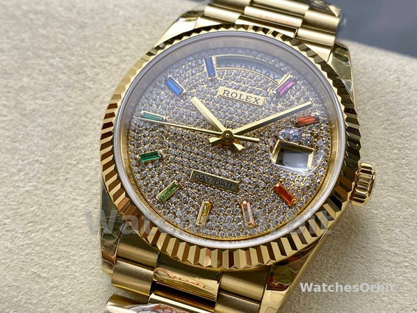 Rolex Day Date 36mm Yellow Gold 128238 0051 Pave Rainbow Diamond Dial Fluted Bezel