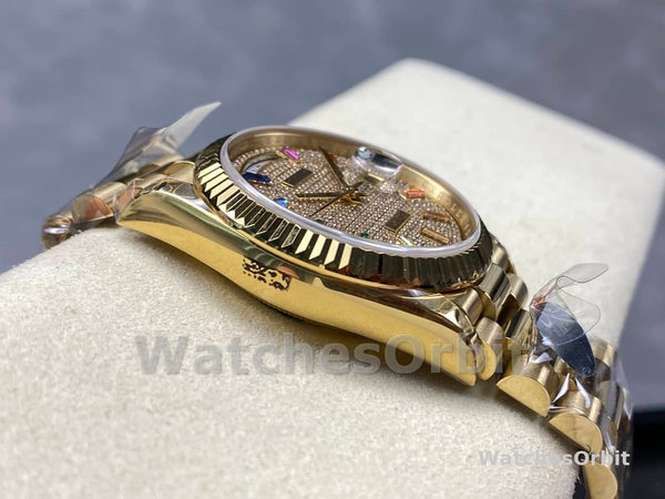 Rolex Day Date 36mm Yellow Gold 128238 0051 Pave Rainbow Diamond Dial Fluted Bezel
