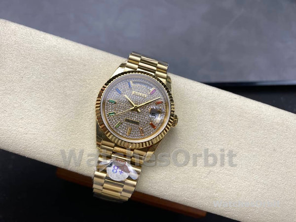 Rolex Day Date 36mm Yellow Gold 128238 0051 Pave Rainbow Diamond Dial Fluted Bezel