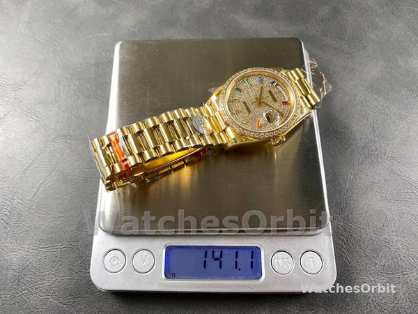 Rolex Day Date 36mm Yellow Gold 128348RBR 0030 Pave Rainbow Diamonds Sapphires Dial