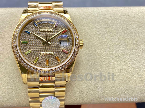 Rolex Day Date 36mm Yellow Gold 128348RBR 0030 Pave Rainbow Diamonds Sapphires Dial